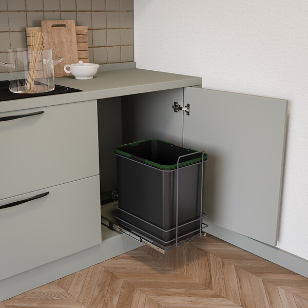 EMUCA - poubelle de recyclage pour montage inférieur et extraction manuelle pour meuble de cuisine Recycle 1x35 litres, Plastique gris anthracite - large