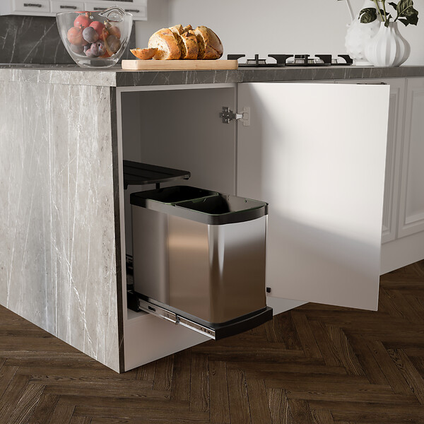 EMUCA - Bac à recyclage pour montage inférieur et extraction manuelle/automatique dans les éléments de cuisine, Inox 2x12 litres plastique et acier inoxydable. - large