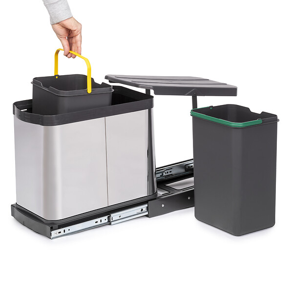 EMUCA - Bac à recyclage pour montage inférieur et extraction manuelle/automatique dans les éléments de cuisine, Inox 2x12 litres plastique et acier inoxydable. - large