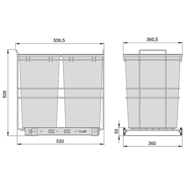 EMUCA - poubelle de recyclage pour montage inférieur et extraction manuelle pour meuble de cuisine Recycle 2x35litres, Plastique gris anthracite - large