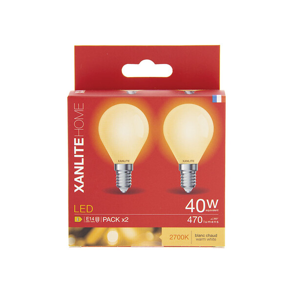 XANLITE - Lot de 2 ampoules Filament LED opaques, culot E14, forme P45, puissance équivalente 40W, flux 470 lm, lumière blanc chaud 2700 K - large