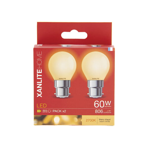 XANLITE - Lot de 2 ampoules Filament LED opaques, culot B22, forme P45, puissance équivalente 60W, flux 806 lm, lumière blanc chaud 2700 K - large