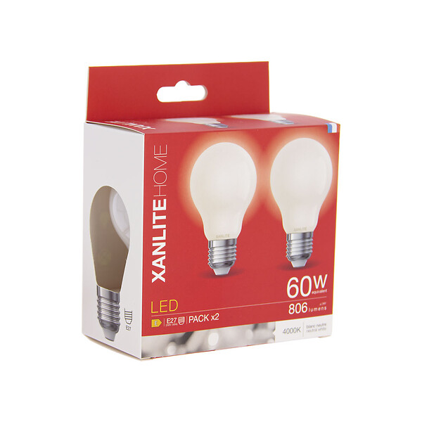 XANLITE - Lot de 2 ampoules Filament LED opaques, culot E27, forme A60, puissance équivalente 60W, flux 806 lm, lumière blanc neutre 4000 K - large