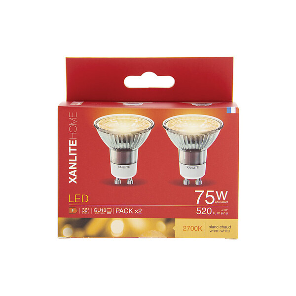 XANLITE - Lot de 2 ampoules LED spot GU10 - Blanc chaud - 520lm - large