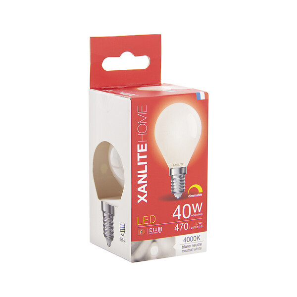 XANLITE - Ampoule Filament LED opaque dimmable, culot E14, forme P45, puissance équivalente 40W, flux 470 lm, lumière blanc neutre 4000 K - large