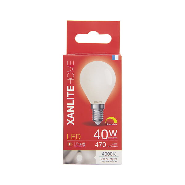 XANLITE - Ampoule Filament LED opaque dimmable, culot E14, forme P45, puissance équivalente 40W, flux 470 lm, lumière blanc neutre 4000 K - large