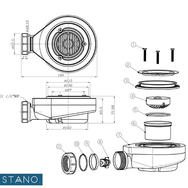 STANO - Bonde horizontale sans capot Ø90 DONA pour receveurs de douche - large