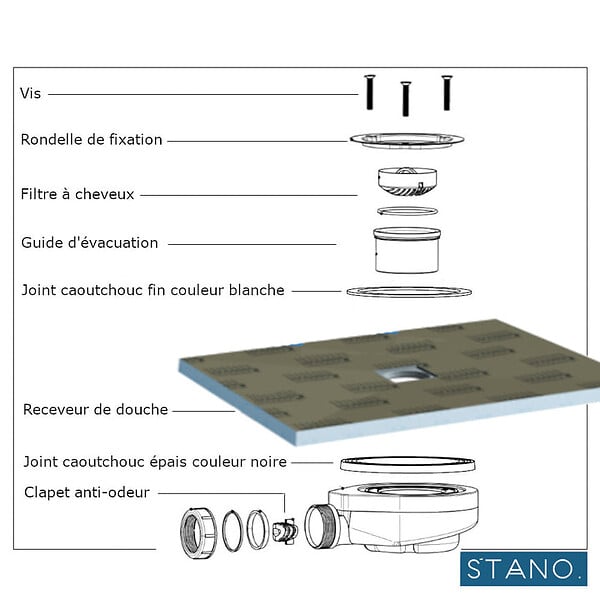 STANO - Bonde horizontale sans capot Ø90 DONA pour receveurs de douche - large