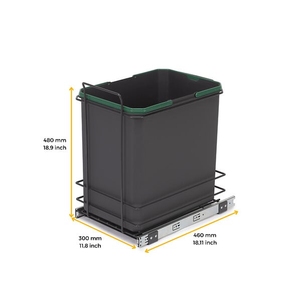 EMUCA - poubelle de recyclage pour montage inférieur et extraction manuelle pour meuble de cuisine Recycle 1x35 litres, Plastique gris anthracite - large