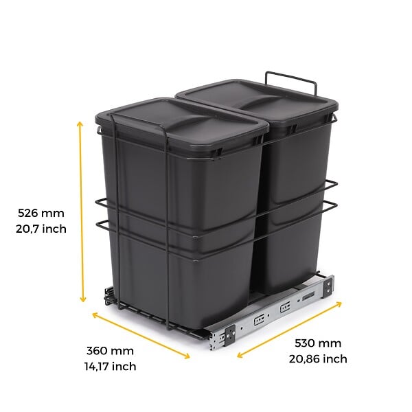 EMUCA - poubelle de recyclage pour montage inférieur et extraction manuelle pour meuble de cuisine Recycle 2x35litres, Plastique gris anthracite - large