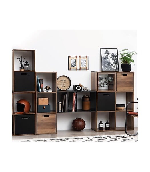 5 FIVE SIMPLY SMART - Meuble Étagère 3 cases de rangement effet bois foncé style Industriel H 100.5 cm - large