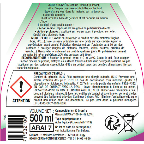 ACTO - Pulvérisateur répulsif anti-araignées - 500ml - Géraniol - large