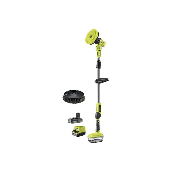 RYOBI - Pack RYOBI - Brosse motorisée télescopique R18TPS-120G - 18V One+ - 1 batterie 2.0Ah - 1 chargeur - Tête de brosse RYOBI surfaces dures - RAKSCRUBH - large