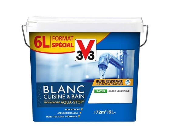 V33 PEINTURE - Peinture monocouche acrylique Cuisine et bain - Blanc - 6L - large