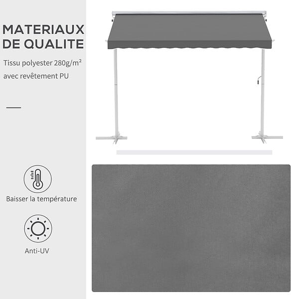 OUTSUNNY - Store double pente manuel rétractable inclinaison réglable acier époxy blanc polyester imperméabilisé anti-UV gris dim. 3L x 2,95l x 2,6H m - large