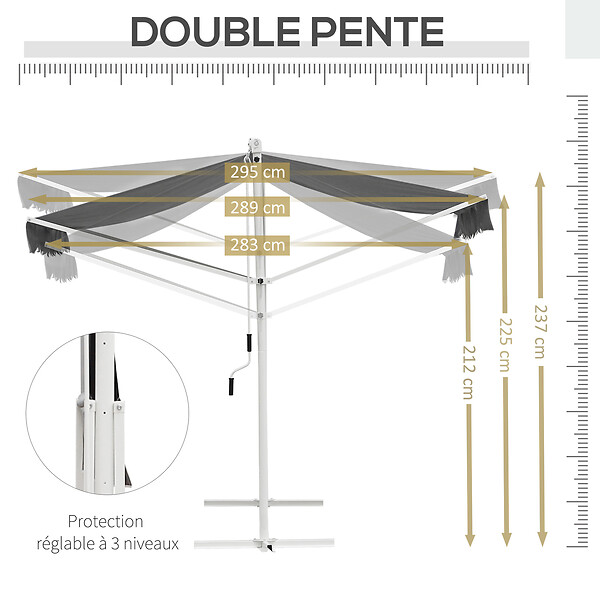 OUTSUNNY - Store double pente manuel rétractable inclinaison réglable acier époxy blanc polyester imperméabilisé anti-UV gris dim. 3L x 2,95l x 2,6H m - large