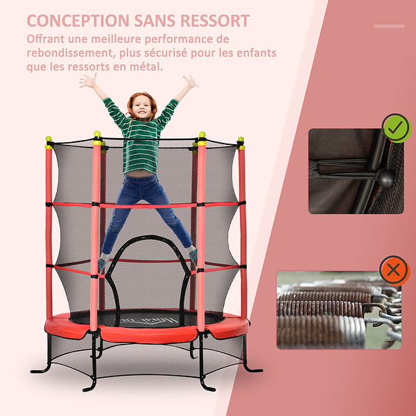 HOMCOM - Trampoline enfant Ø 1,63 × 1,63H m filet de sécurité porte zipée couvre-ressorts 6 poteaux rembourrés inclus rouge - large