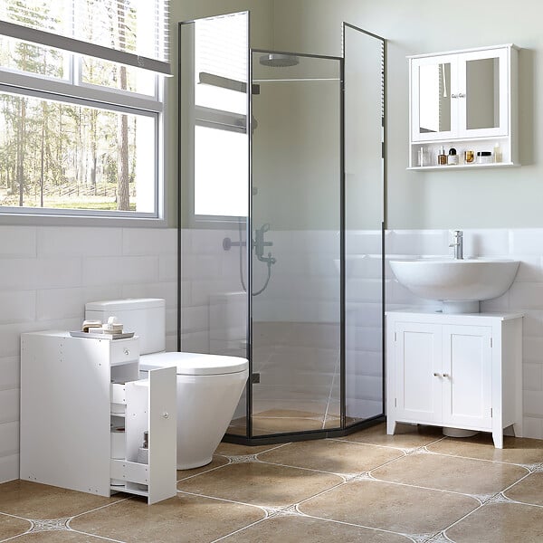 HOMCOM - Support papier toilette - porte-papier toilette - armoire pour papier toilette - 2 tiroirs, coffre - MDF blanc - large