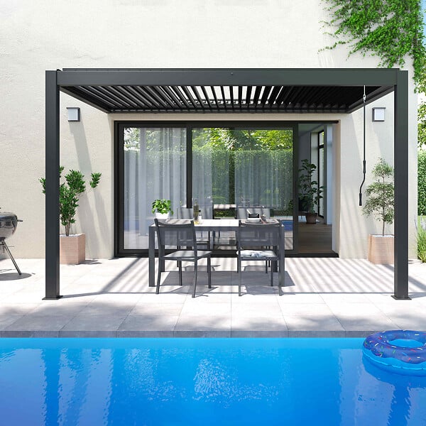 OVIALA - Pergola bioclimatique adossée gris 3x4m et 3 stores - Oia - large