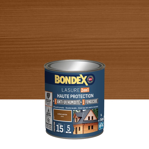 BONDEX - Lasure 2en1 traitement et protection bois - Chêne moyen - 1L - large