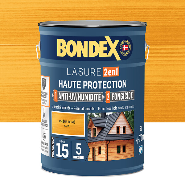 BONDEX - Lasure bois extérieur 2en1 5ans - Chêne Doré Satiné - 5L - large