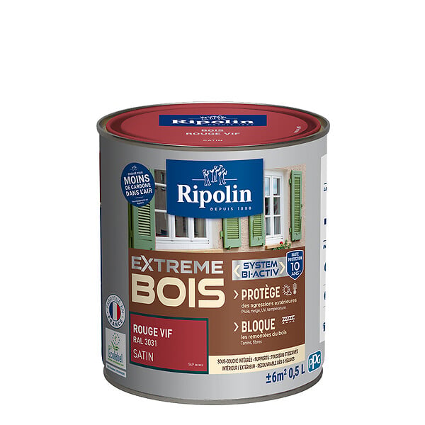 RIPOLIN - Peinture RIPOLIN Extrême Bois Microporeuse Satin 0,5L Rouge Vif - large