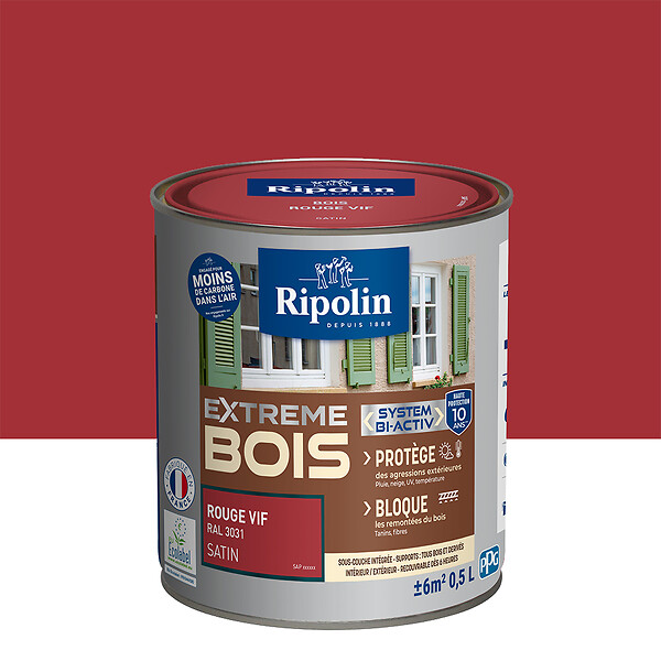 RIPOLIN - Peinture RIPOLIN Extrême Bois Microporeuse Satin 0,5L Rouge Vif - large