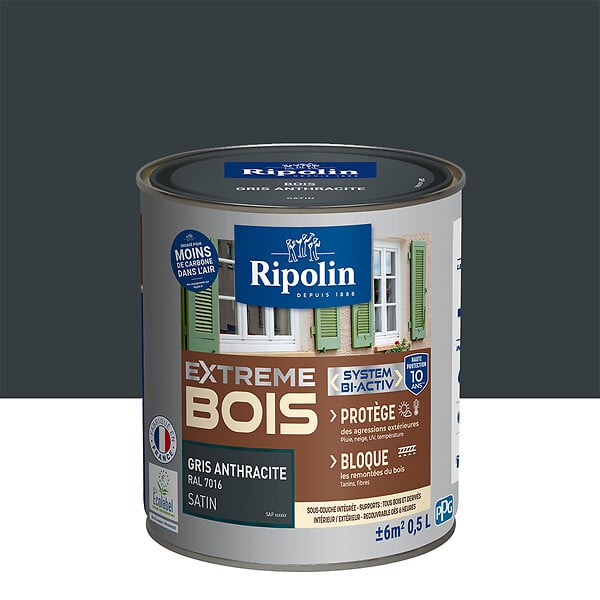 RIPOLIN - Peinture RIPOLIN Extrême Bois Microporeuse Satin 0,5L Gris Anthracite - large