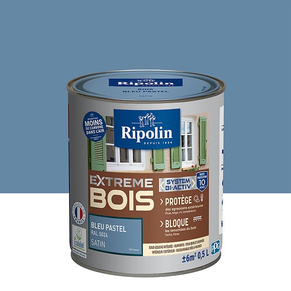 RIPOLIN - Peinture bois satinée - Bleu pastel RAL 5024 - 0,5L - large