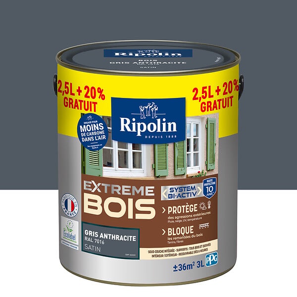 RIPOLIN - Peinture bois extérieur extrême - Anthracite - Satin - 3L - large