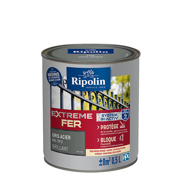 RIPOLIN - Peinture fer XT Fer Brillant Gris Acier RAL 7012 0,5L - large