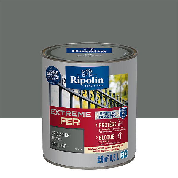 RIPOLIN - Peinture fer XT Fer Brillant Gris Acier RAL 7012 0,5L - large