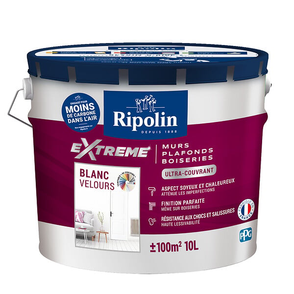 RIPOLIN - Peinture Extrême Murs Plafonds et Boiseries - Blanc - Velours - 10L - large