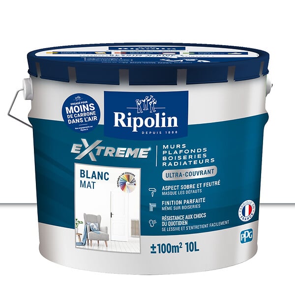 RIPOLIN - Peinture Extrême Murs Plafonds et Boiseries - Blanc - Mat - 10L - large