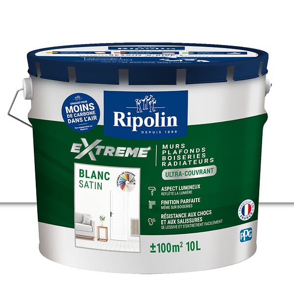 RIPOLIN - Peinture Extrême Murs Plafonds et Boiseries - Blanc - Satin - 10L - large