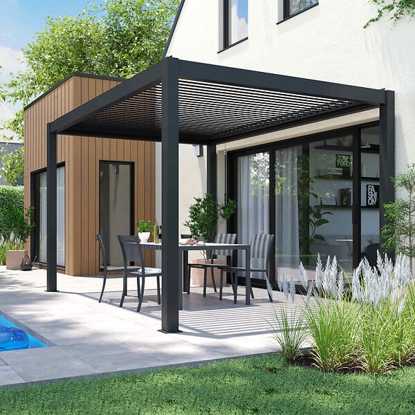 OVIALA - Pergola bioclimatique 3 x 4 m autoportée avec 3 stores gris - Athenes - large