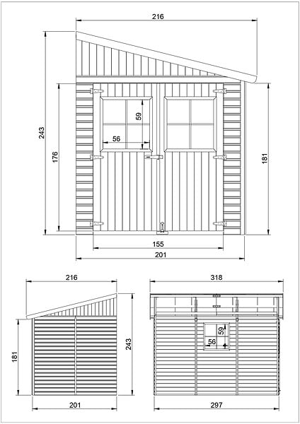 TIMBELA - TIMBELA M339  Abri de Jardin en Bois Naturel (sans paroi latérale) - H243xl216xL318 cm/6 m2 - large