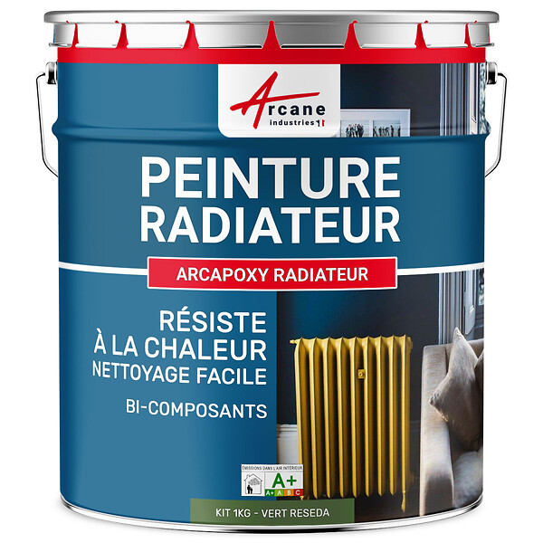 ARCANE INDUSTRIES - Peinture Radiateur fonte acier alu - PEINTURE RADIATEUR - Vert Reseda - RAL 6011 - 1 kg (jusqu'à 5 m² en 2 couches) - ARCANE INDUSTRIES - large