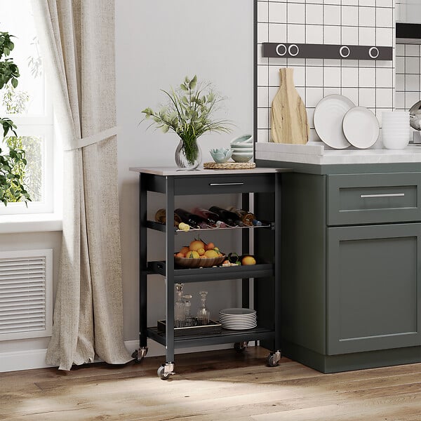 HOMCOM - HOMCOM Chariot de service desserte de cuisine à roulettes multi-rangements 60L x 40l x 85H cm plateau acier inox. MDF pin noir - large