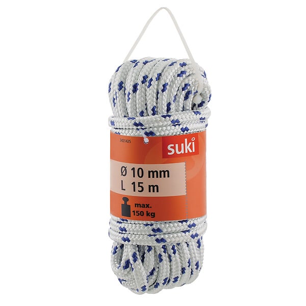 SUKI - corde tressée polystère blanche blanc/bleu 10mm 15m - large