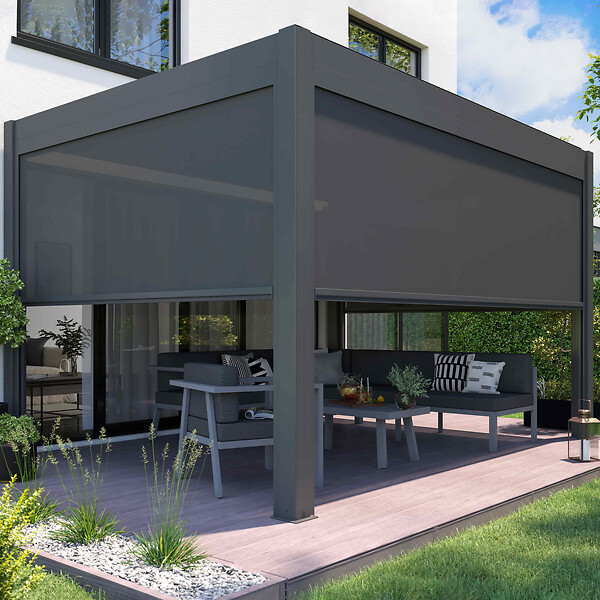 OVIALA - Pergola bioclimatique autoportée motorisée éclairée 3x4m et 3 stores - Kavala - large