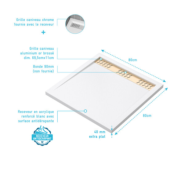 AURLANE - Receveur en acrylique Blanc 80x80x4 cm + Grilles Linéaires Chrome et Or Brossé - WHITENESS II - large