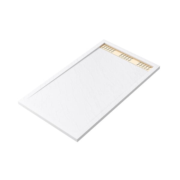 AURLANE - Receveur en acrylique Blanc Effet Pierre 80x140x5 cm + Grilles Linéaires Chrome et Or Brossé - MOON - large