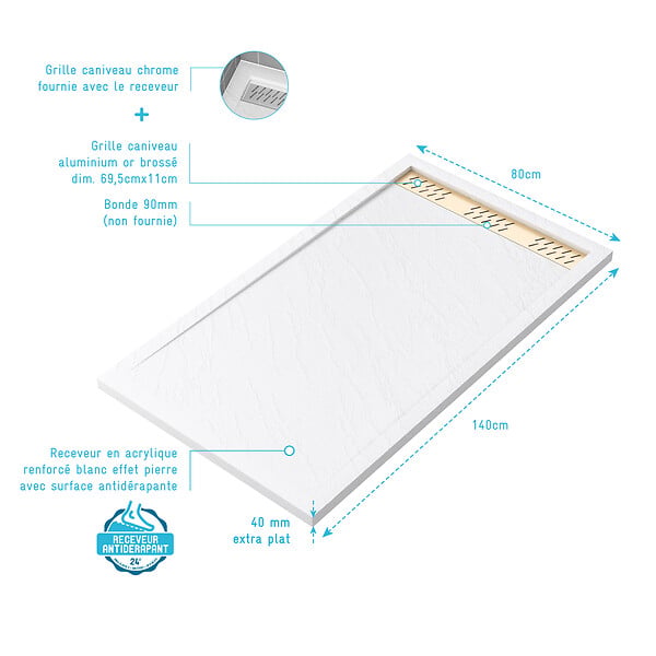 AURLANE - Receveur en acrylique Blanc Effet Pierre 80x140x5 cm + Grilles Linéaires Chrome et Or Brossé - MOON - large