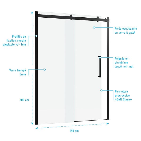 AURLANE - Porte de douche 140x200cm type industriel coulissante NOIR MAT - verre trempe 8mm - large