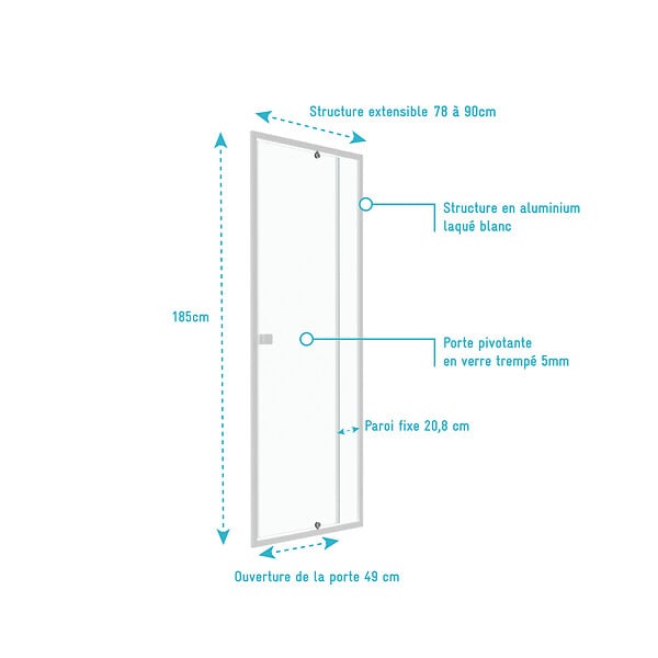 AURLANE - Porte de douche pivotante ajustable de 78 à 90cm en Alu. Blanc et verre transparent - WHITY PIVOT - large