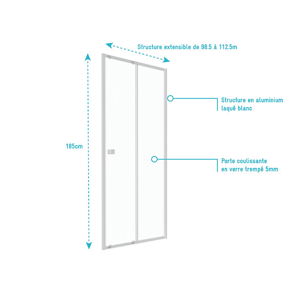 AURLANE - Porte de douche coulissante blanc 100x185cm - extensible - WHITY slide 100 - large