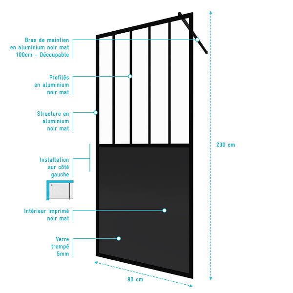 AURLANE - Paroi de douche 90x200 cm type Verriere - Verre trempe et Structure aluminium noir mat - large
