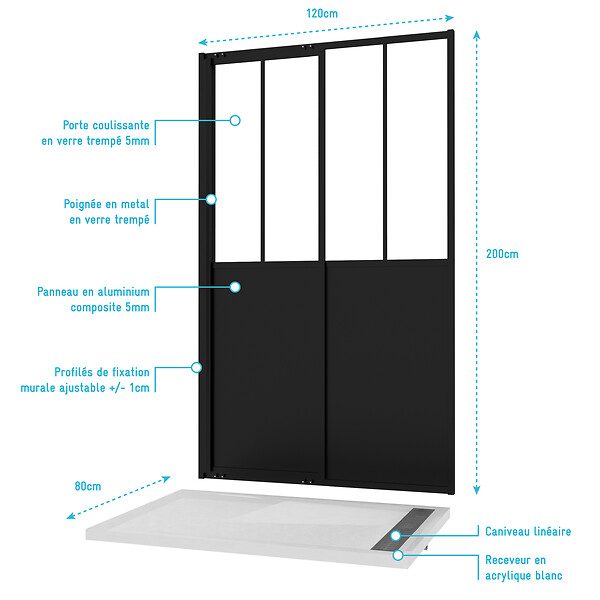 AURLANE - Porte Coulissante Noire Mate 'Atelier' et Receveur à Grille Linéaire Effet Pierre - 120x80x200 cm - large