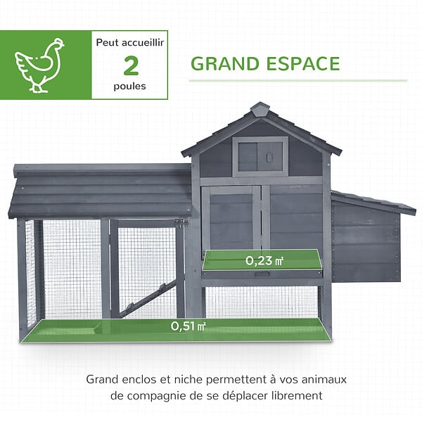 PAWHUT - Poulailler cottage cage à poules sur pied dim. 151L x 54l x 87H cm multi-équipement bois pin gris - large
